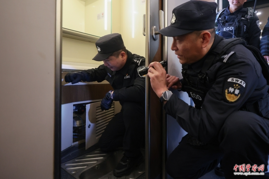 济南铁路公安局青岛铁路公安处爆特警在车厢开展安全检查
