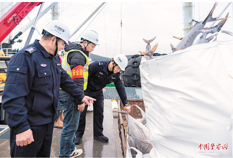 浙江省舟山市公安局定海区分局干览派出所民警辅警与企业负责人实地检查冷链产品