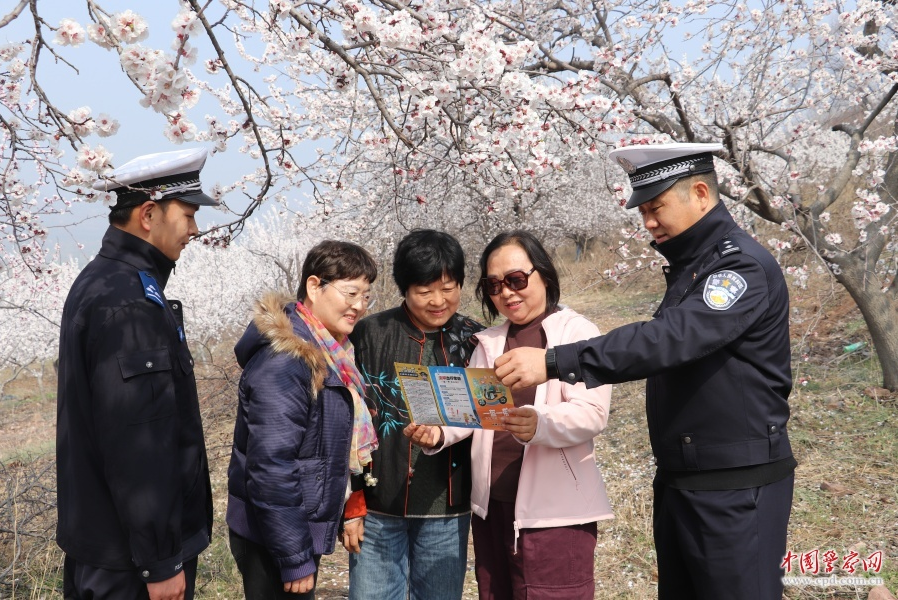 枣庄市公安局峄城分局交管大队民警辅警向游客讲解交通安全知识